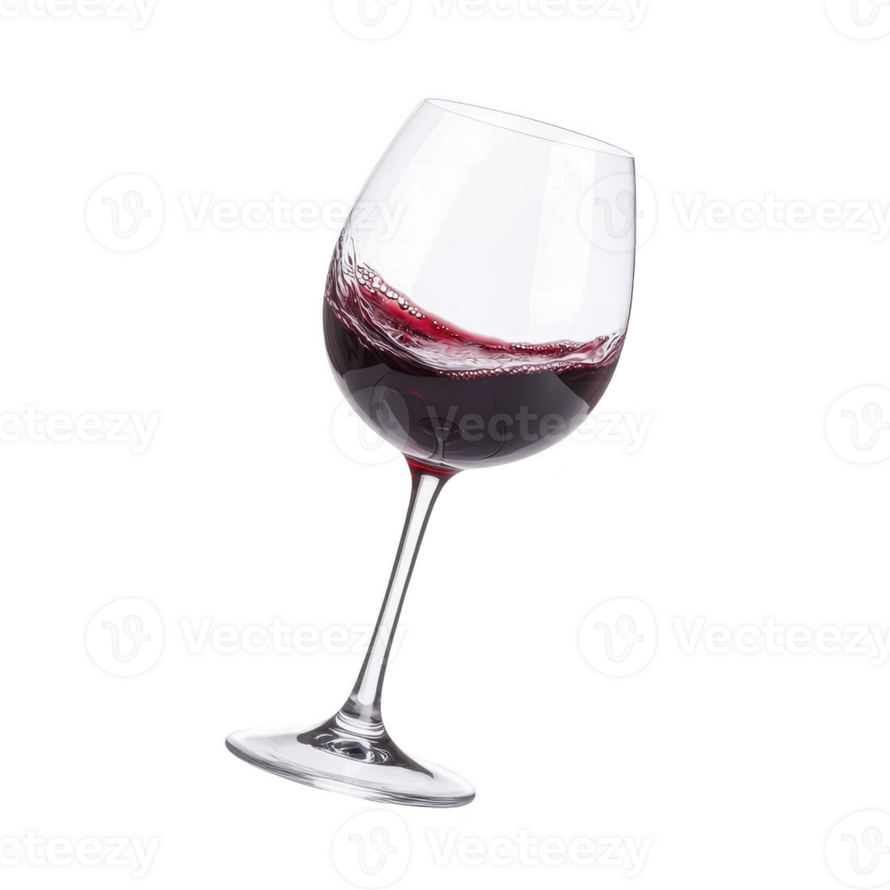 A tilted wine glass with red wine swirling inside, showcasing elegance and motion. clear glass highlights rich color of wine against plain background png