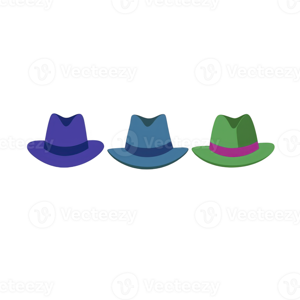 A Three colorful fedora hats in blue, teal, and green with contrasting bands are displayed side by side on transparency background png