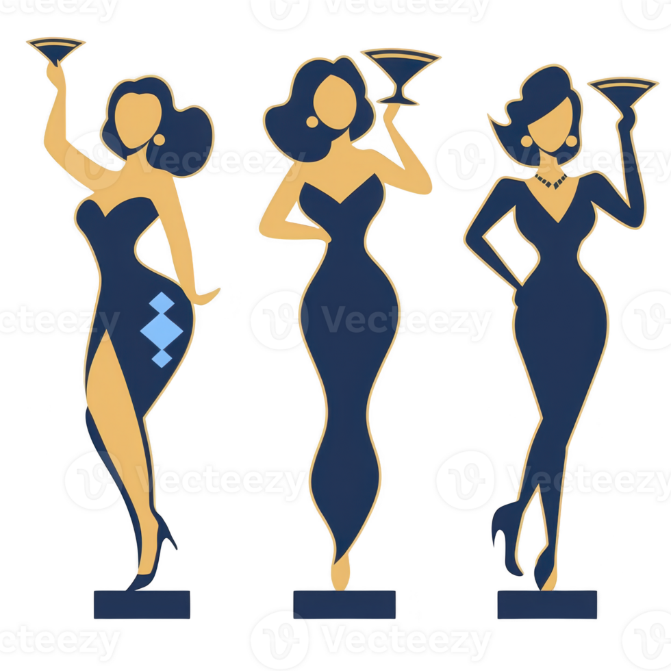 A Three stylized silhouettes of women elegant dresses holding martini glasses, showcasing retro and glamorous vibe. figures are depicted minimalist, artistic style with bold outlines and simple png