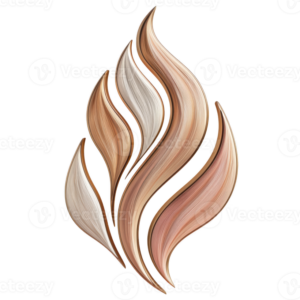 An Abstract flame design with flowing, curved lines warm tones of brown and beige, creating sense of movement and elegance. composition resembles stylized leaves or feathers, adding natural and png
