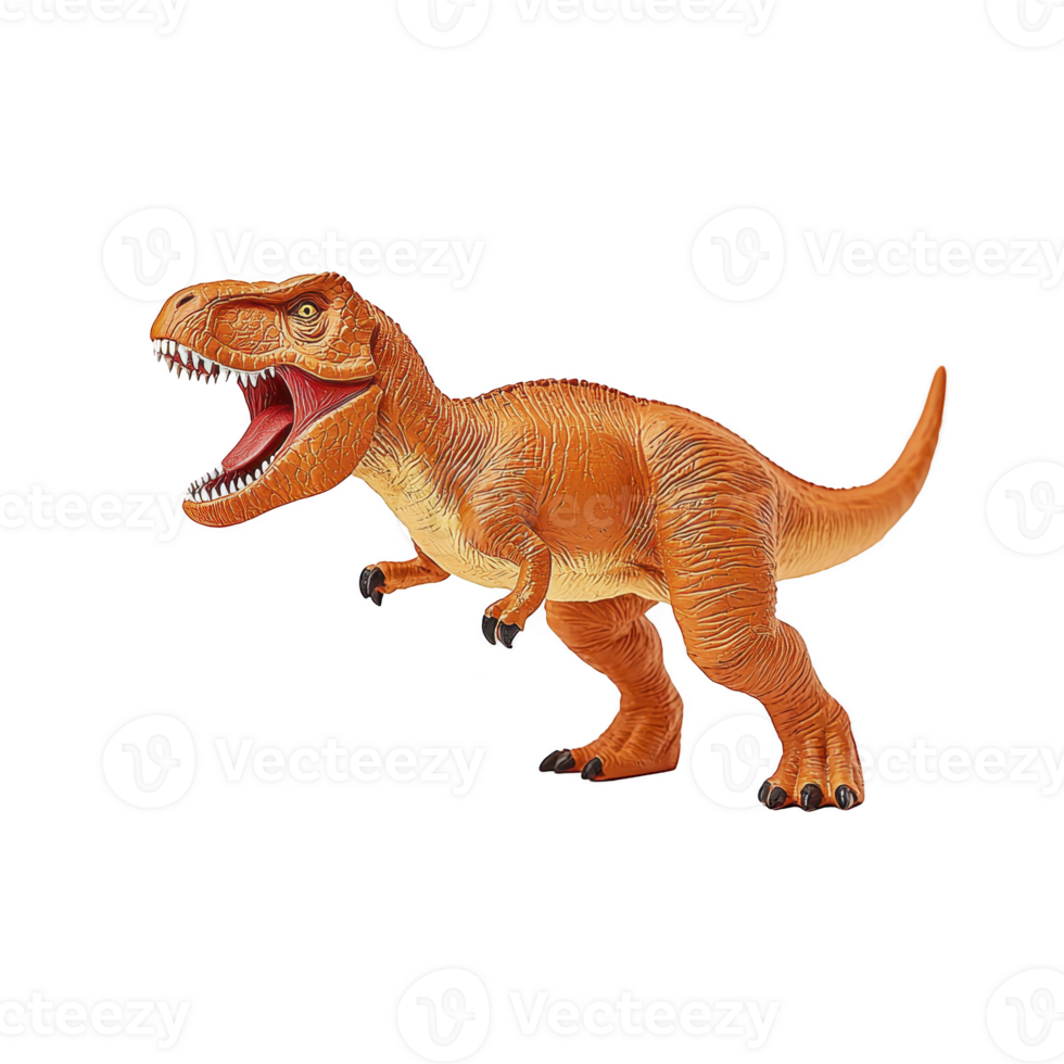 A realistic orange Tyrannosaurus rex toy with open mouth and detailed texture, showcasing its fierce expression and powerful stance. Perfect for dinosaur enthusiasts and educational purposes png