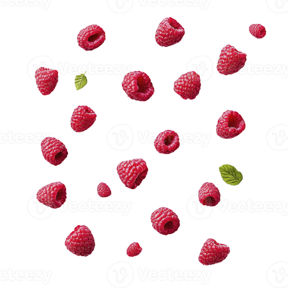 A Fresh raspberries and green leaves are scattered against transparency background, creating vibrant and natural pattern. bright red berries and contrasting green leaves evoke sense of freshness and png