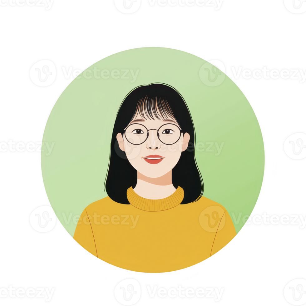 A digital illustration of woman with glasses and yellow sweater, set against green circular background. style is simple and modern, emphasizing clean lines and minimalist aesthetic png