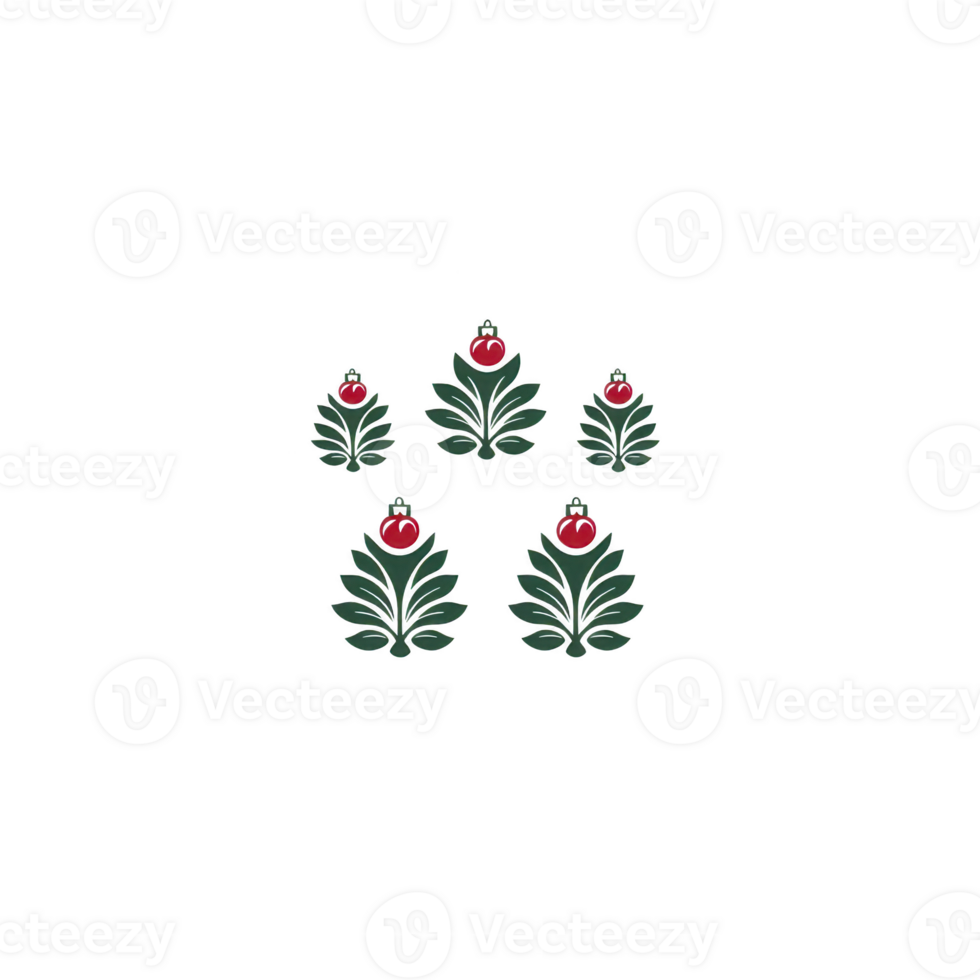 A Five stylized green leaves with red berries are arranged symmetrically transparency background, creating simple and elegant design. leaves and berries are evenly spaced, forming visually appealing png