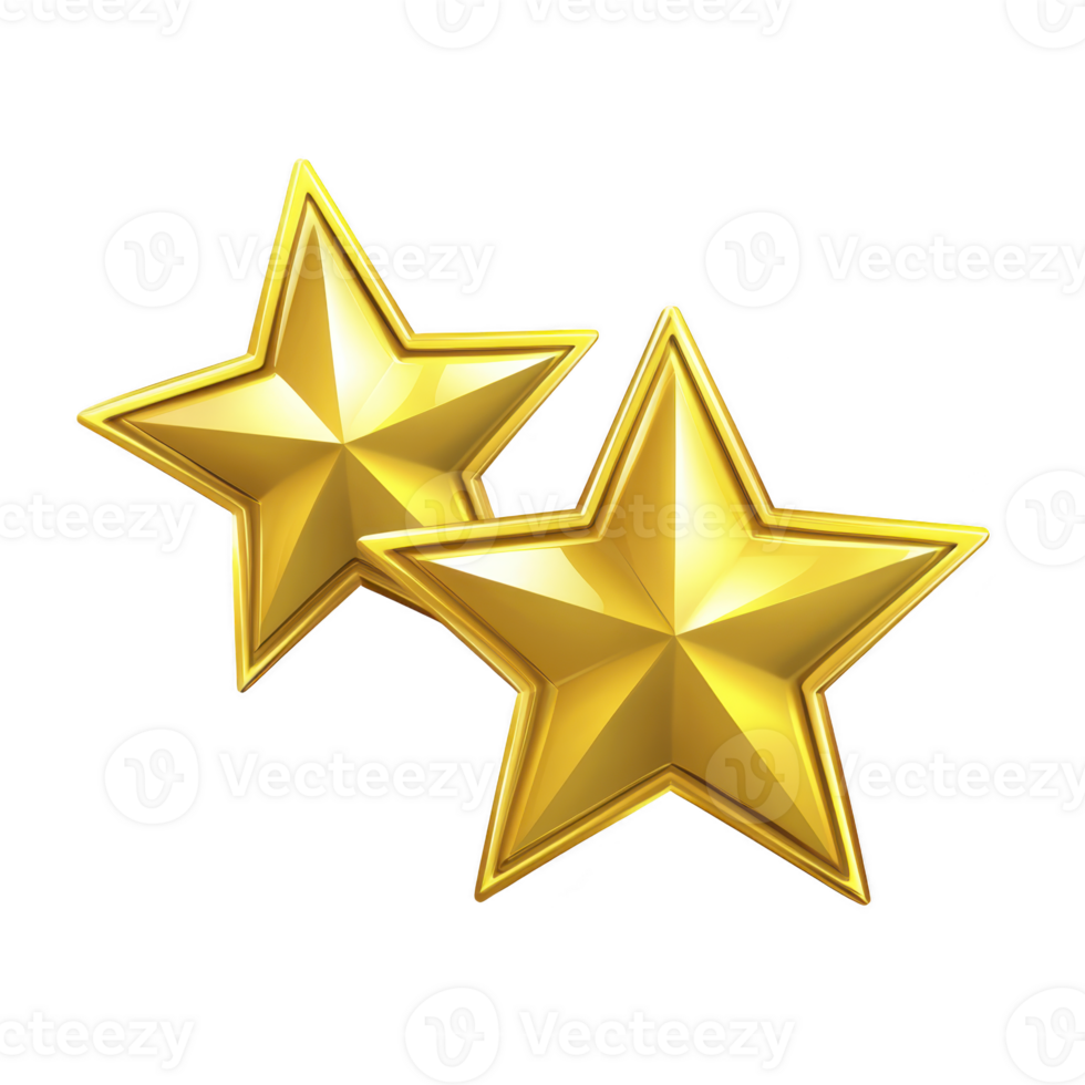 A Two shiny golden stars with three dimensional appearance, symbolizing excellence or achievement. stars are positioned closely together, creating sense of unity and celebration png