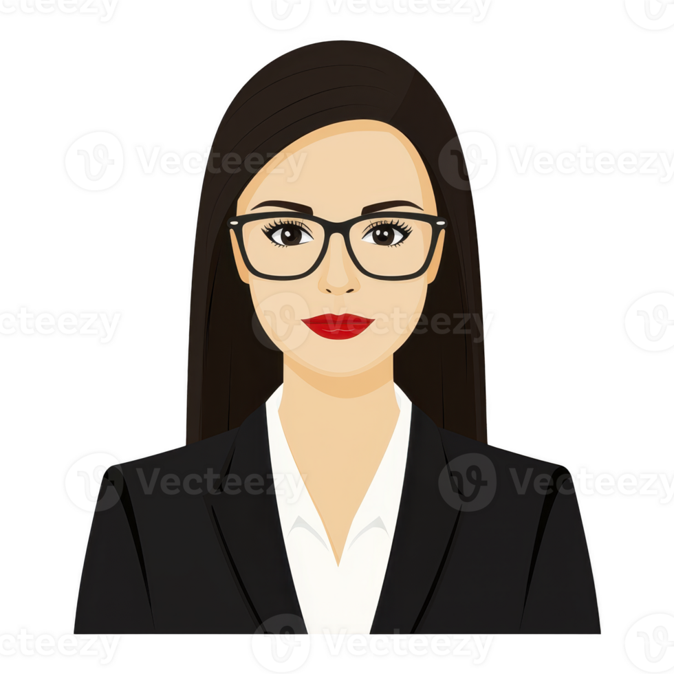 A professional illustration of woman with glasses, wearing suit and red lipstick, exuding confidence and sophistication png