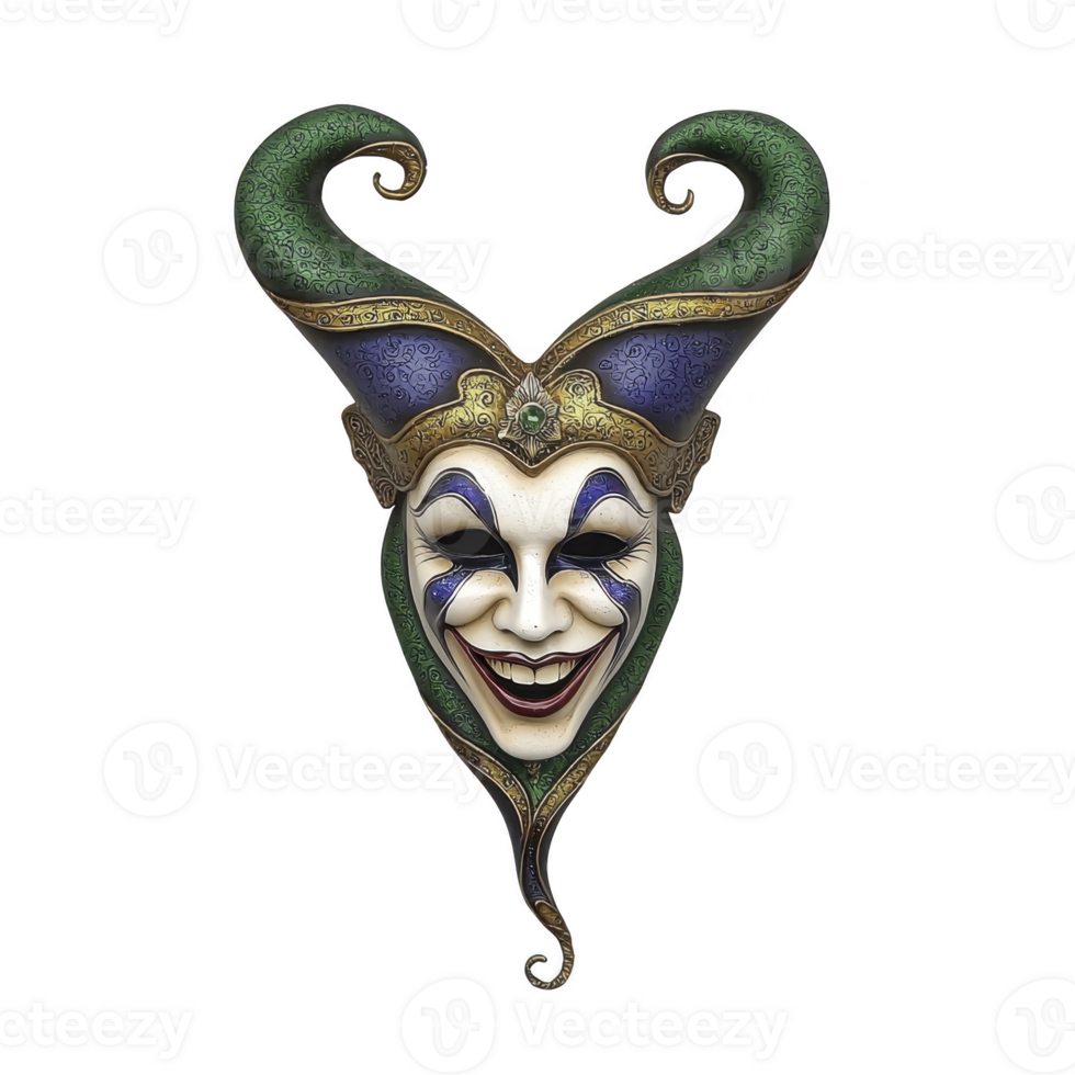 A colorful jester mask with intricate details, featuring green and purple hues, smiling expression, and ornate patterns. mask has horn like extensions and whimsical design png