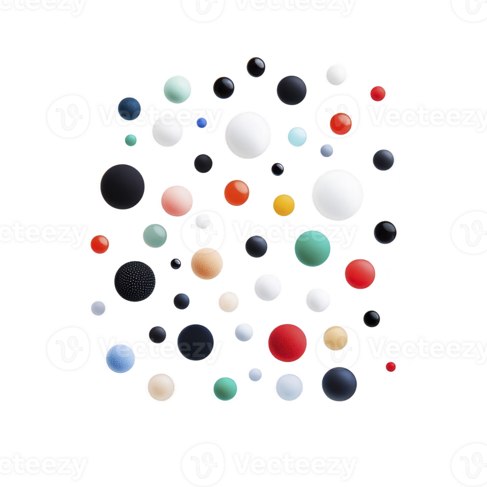 A collection of colorful spheres of varying sizes is scattered across transparency background, creating vibrant and dynamic pattern. spheres are shades of red, blue, white, and more, adding playful png