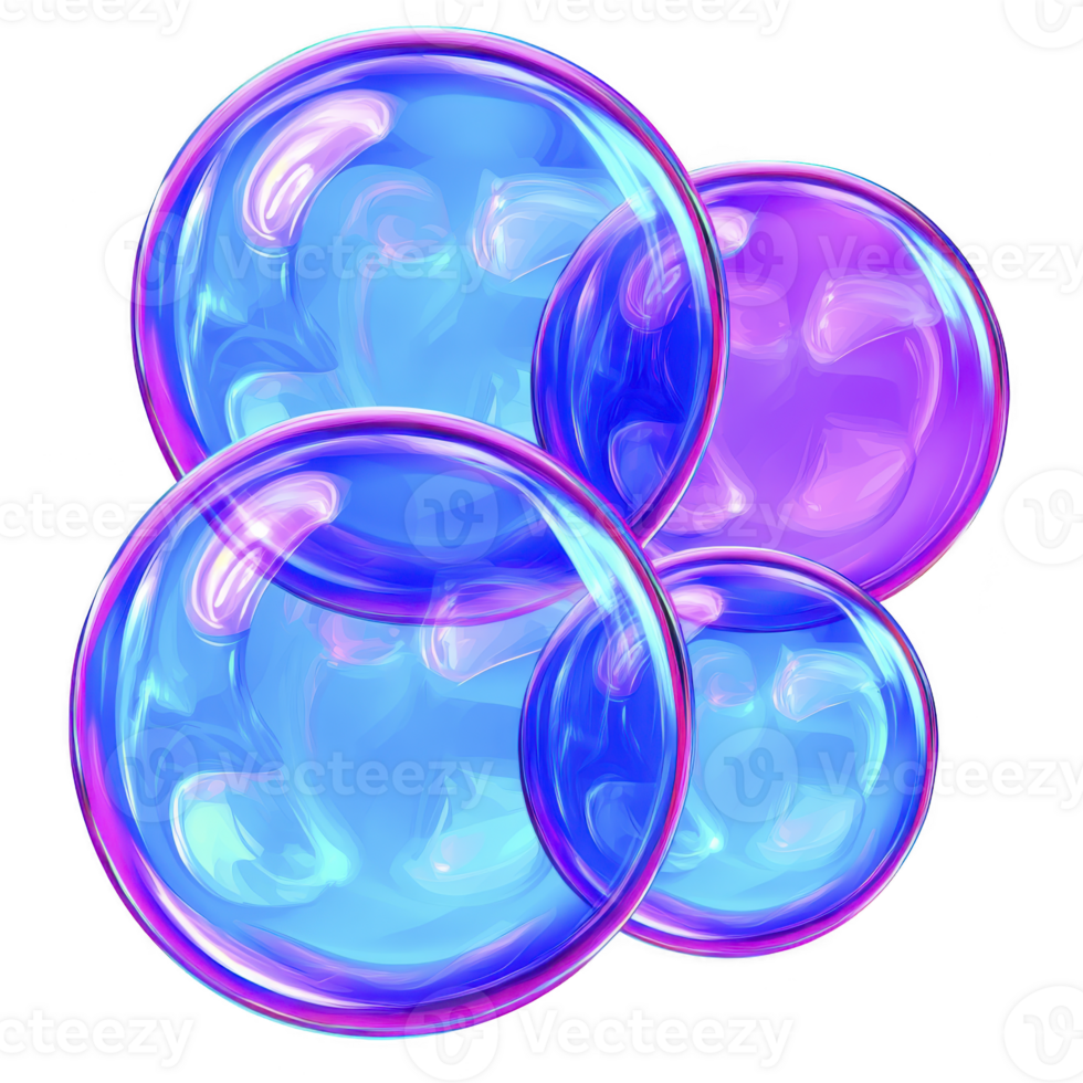 A Colorful iridescent bubbles with glossy surface and vibrant hues of blue and purple create whimsical and playful atmosphere. bubbles appear to be floating, reflecting light in mesmerizing way png