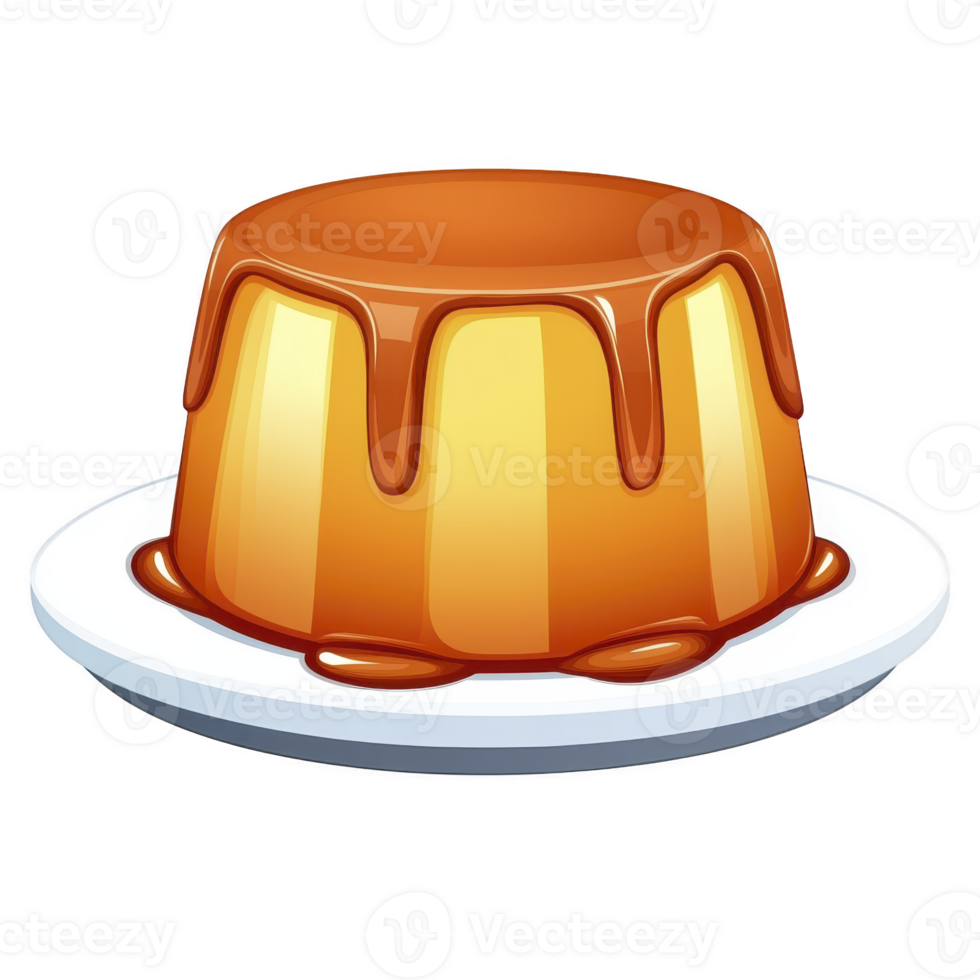 A delicious caramel flan dessert with glossy caramel topping sits on white plate, showcasing its smooth texture and rich color png