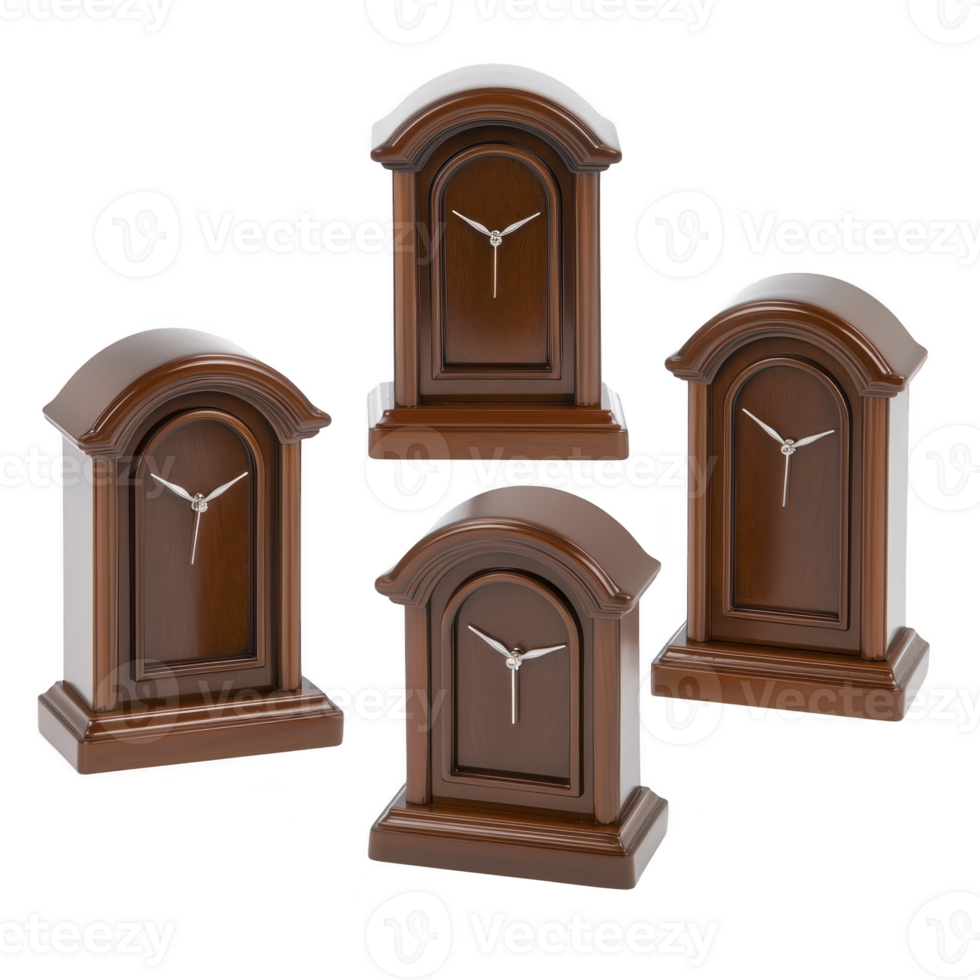 A Four elegant wooden mantel clocks with arched tops and classic design, showcasing timeless aesthetic. rich brown finish and silver clock hands add touch of sophistication to any room png