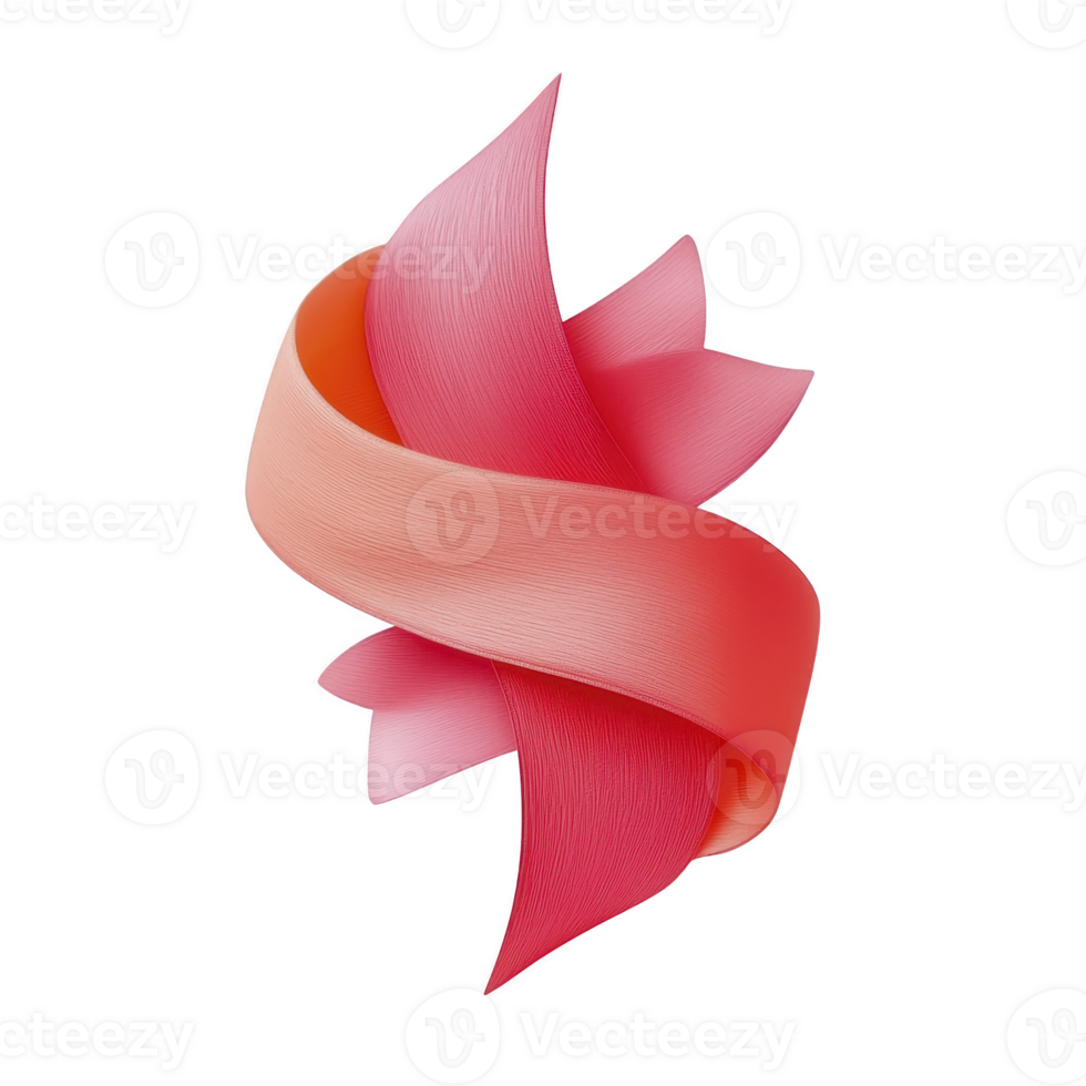 A vibrant, abstract 3D ribbon sculpture with pink and orange hues, twisting elegantly against transparency background. smooth texture and dynamic form create sense of movement and fluidity png