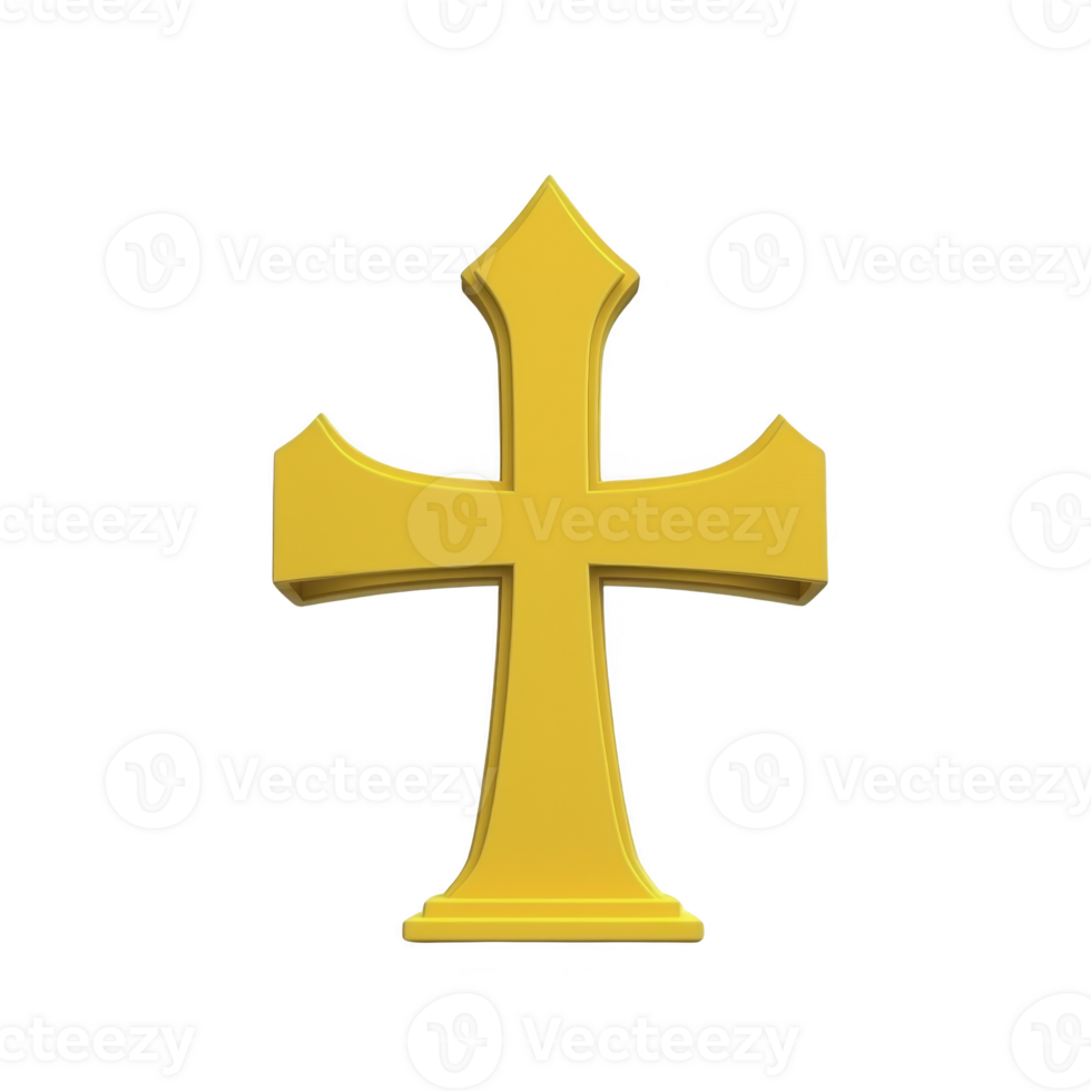 A golden cross with three dimensional design on transparent background, symbolizing faith and spirituality. cross has smooth texture and reflective surface, highlighting its elegant simplicity png