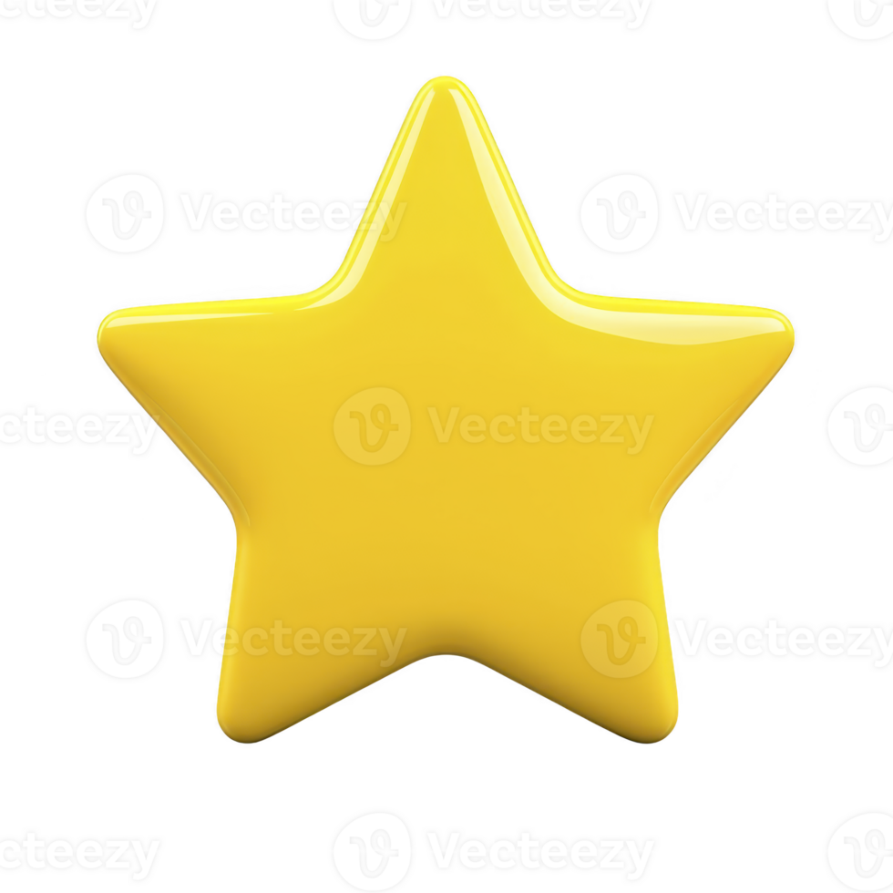 A shiny yellow star with smooth surface and three dimensional appearance, isolated transparency background. star bright color and glossy finish make it stand out, evoking sense of achievement or png