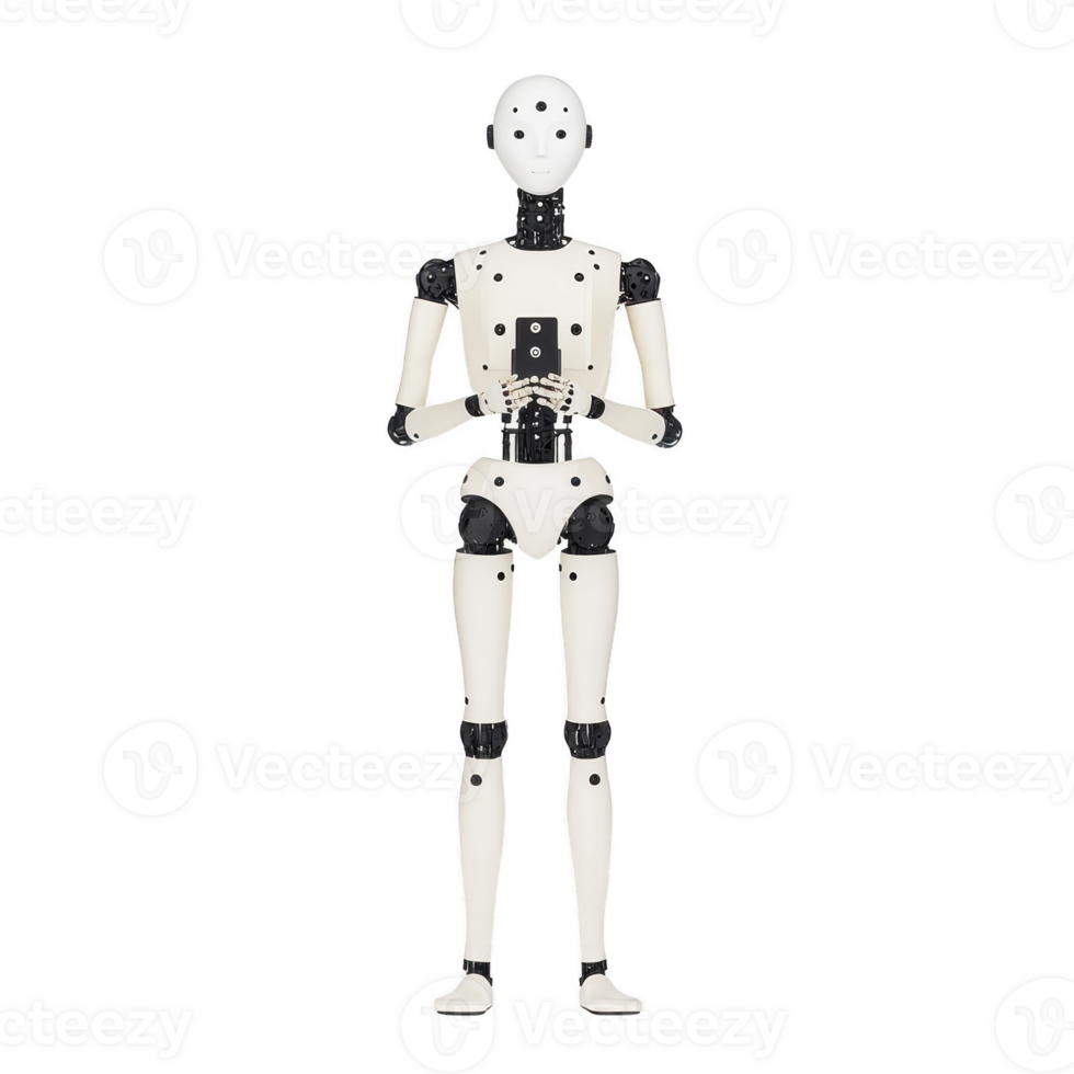 A humanoid robot with white and black design stands holding device, showcasing advanced technology and robotics png