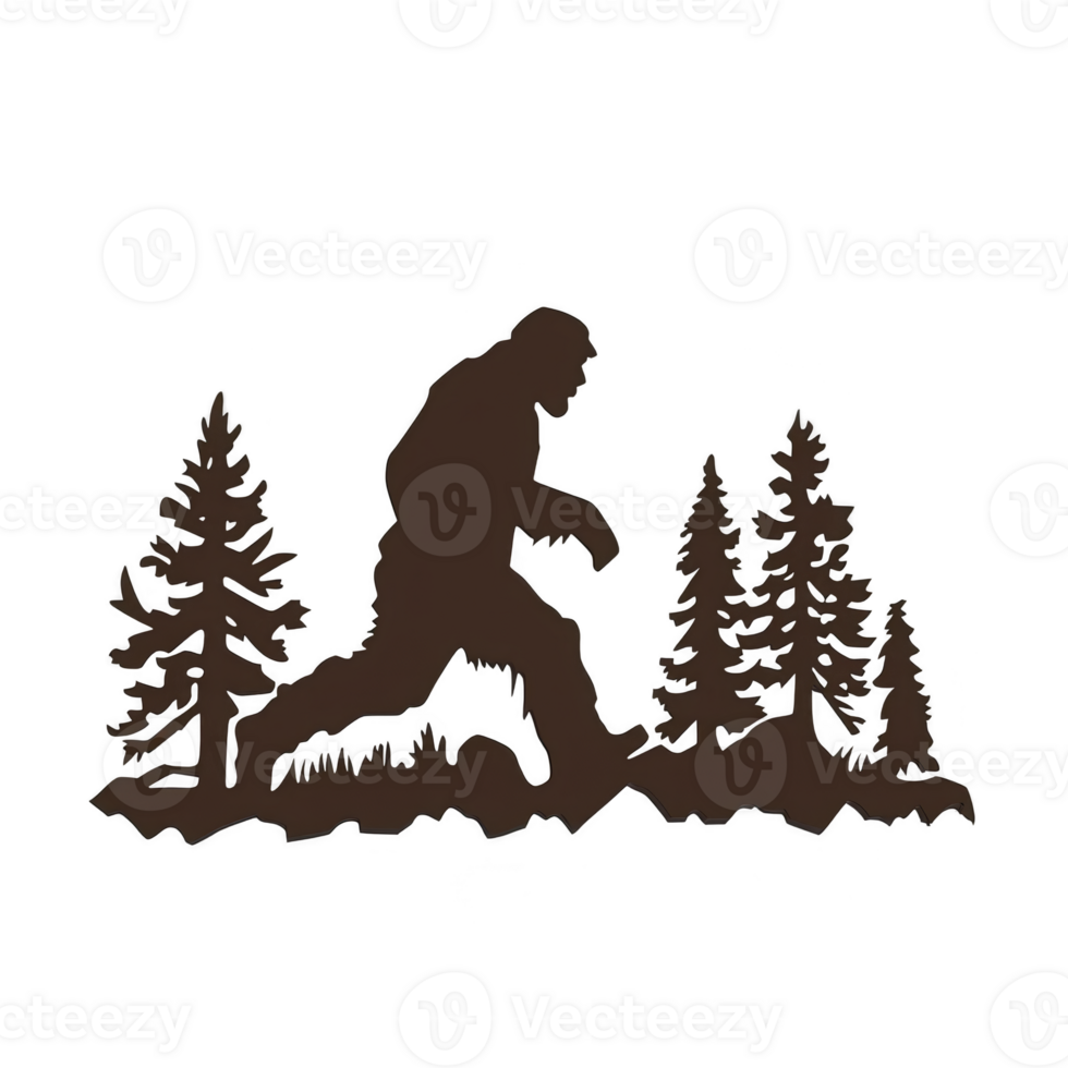 A silhouette of large, mythical creature resembling Bigfoot is depicted walking among trees in forest setting, evoking sense of mystery and adventure png