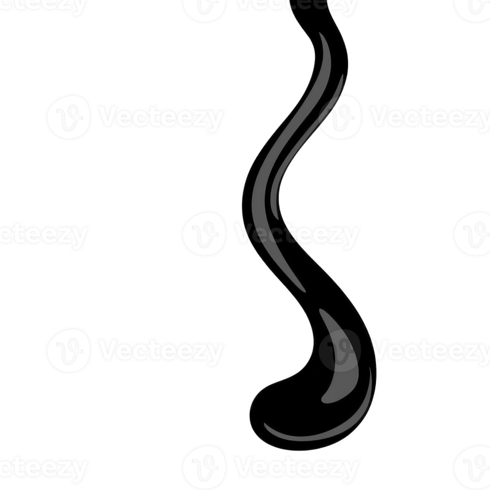 A single, smooth, black paint drip with glossy finish on transparency background png