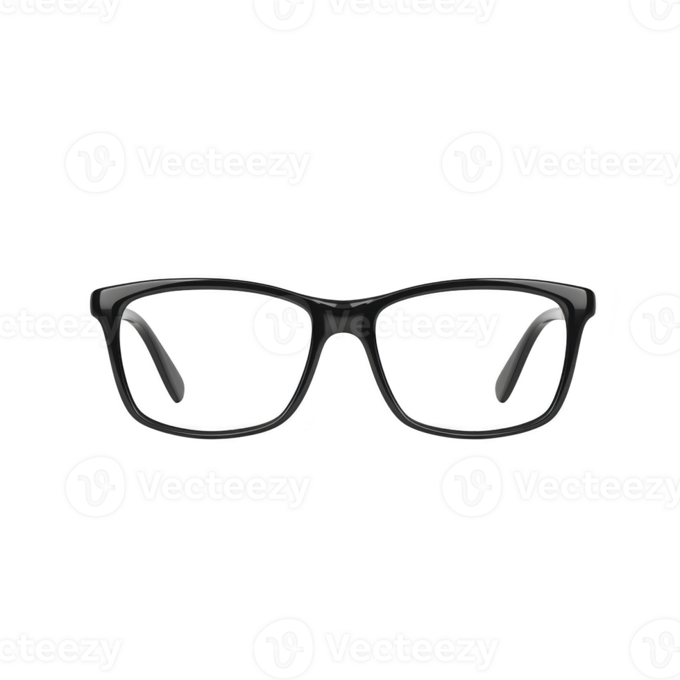 A pair of sleek black eyeglasses with modern design, featuring rectangular frames and clear lenses, isolated on transparency background png