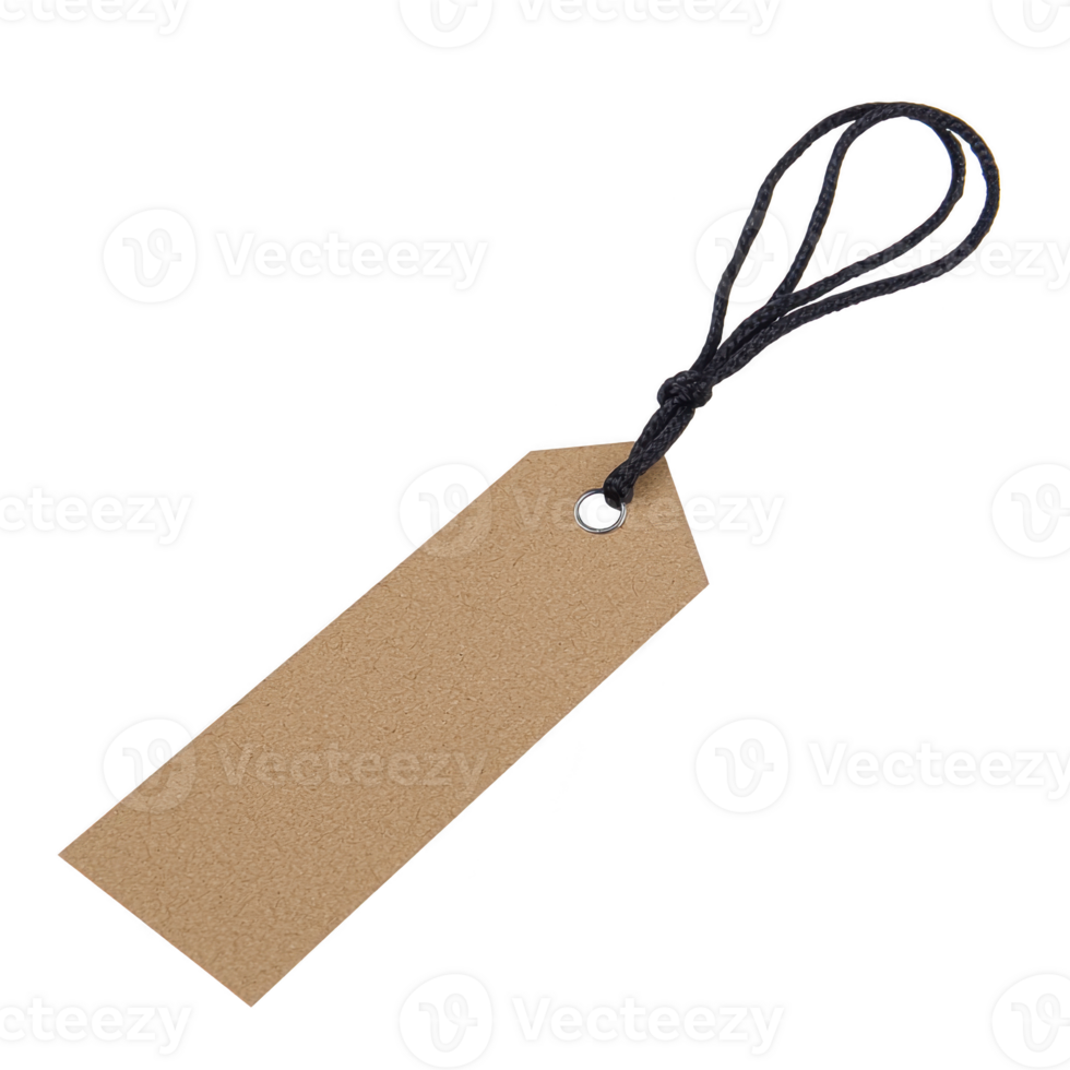 A blank brown paper tag with black string attached, isolated on transparency background. tag is rectangular with pointed end, suitable for labeling or gift wrapping png