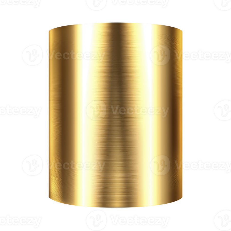 A shiny, cylindrical gold metal object with reflective surface stands against transparency background, showcasing its smooth texture and luxurious appearance png