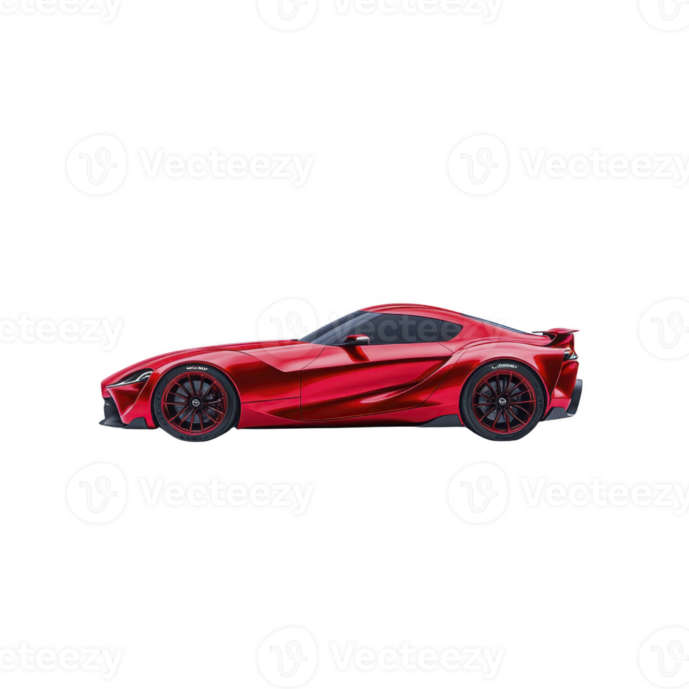A sleek red sports car with modern aerodynamic design, featuring tinted windows and black alloy wheels, isolated transparency background. car dynamic lines and vibrant color convey speed and luxury png