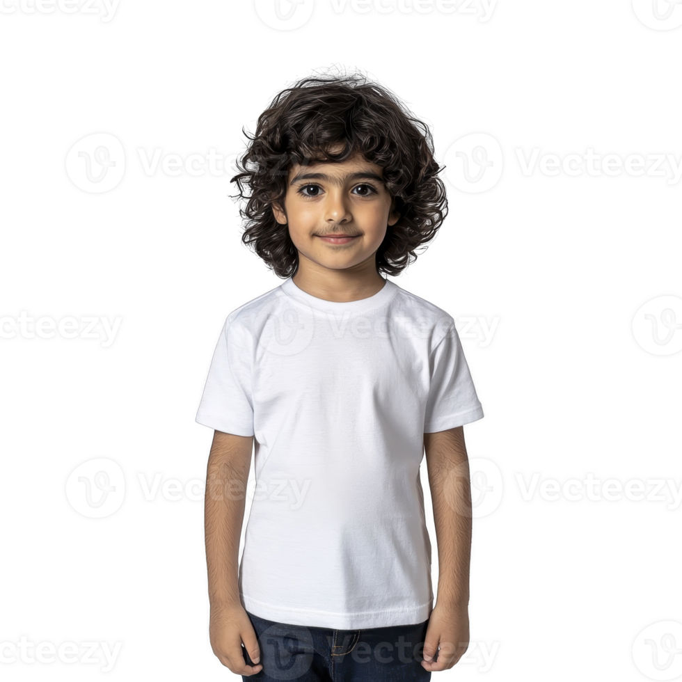A young boy with curly hair stands confidently in plain white t shirt against neutral background png
