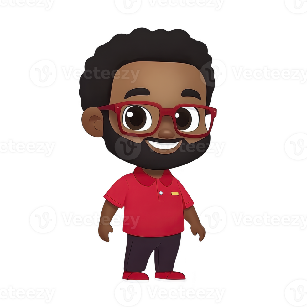 A cheerful cartoon character with glasses, beard, and red outfit stands smiling. character has friendly expression and is depicted in simple, colorful style png