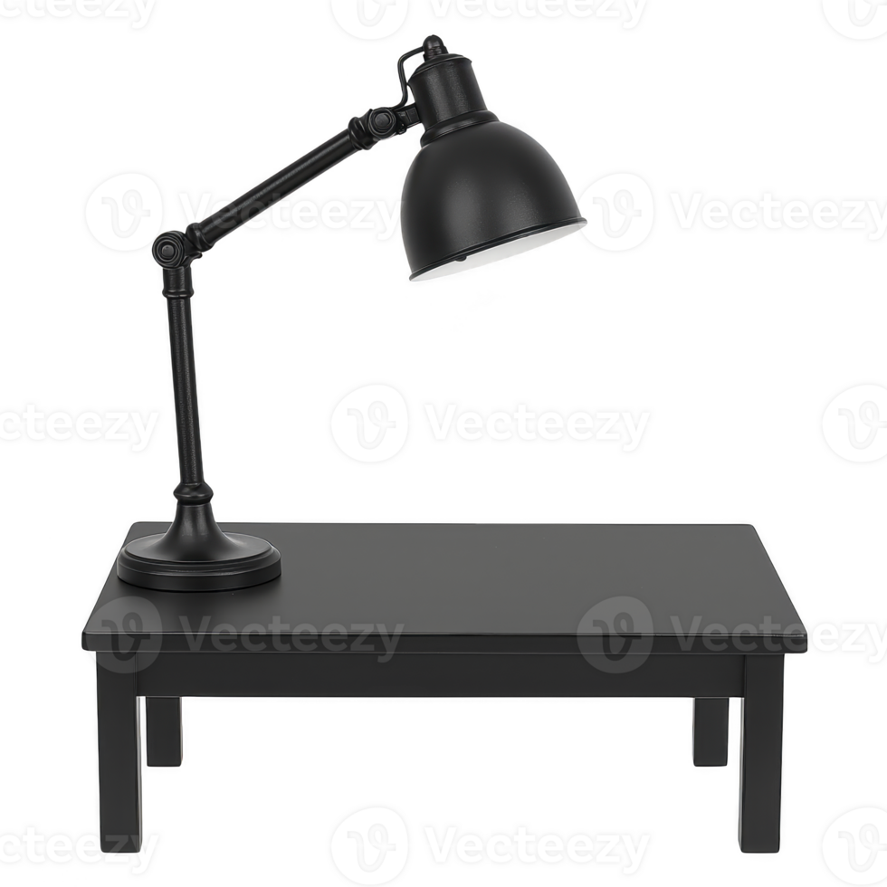 A black adjustable desk lamp sits on simple black table, creating minimalist and modern workspace aesthetic. lamp design is industrial, with focus on functionality and style png