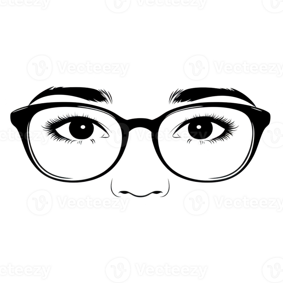 A minimalist illustration of pair of eyeglasses with detailed eyes and eyebrows, conveying sense of curiosity and focus. design is simple yet expressive, highlighting importance of vision and style png