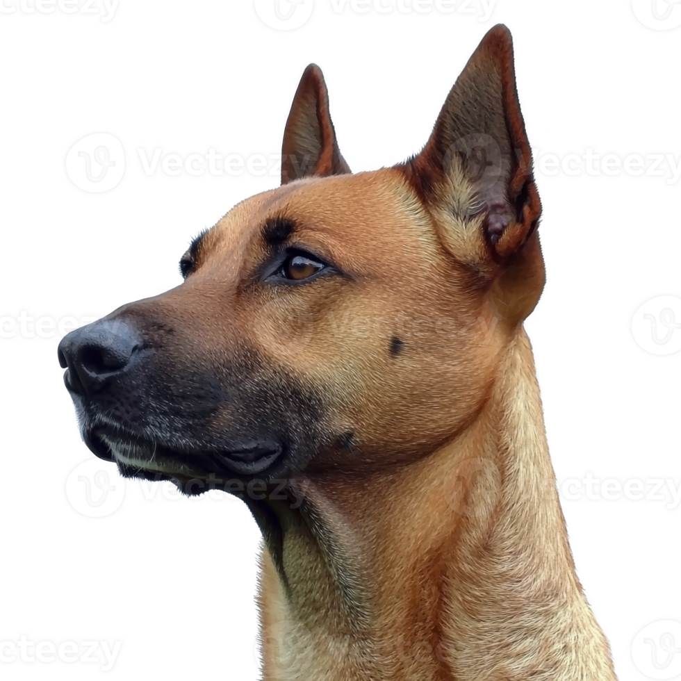 A close up of brown dog with pointed ears and focused expression, showcasing its alertness and attentive nature. dog short fur and strong features are highlighted against plain background png