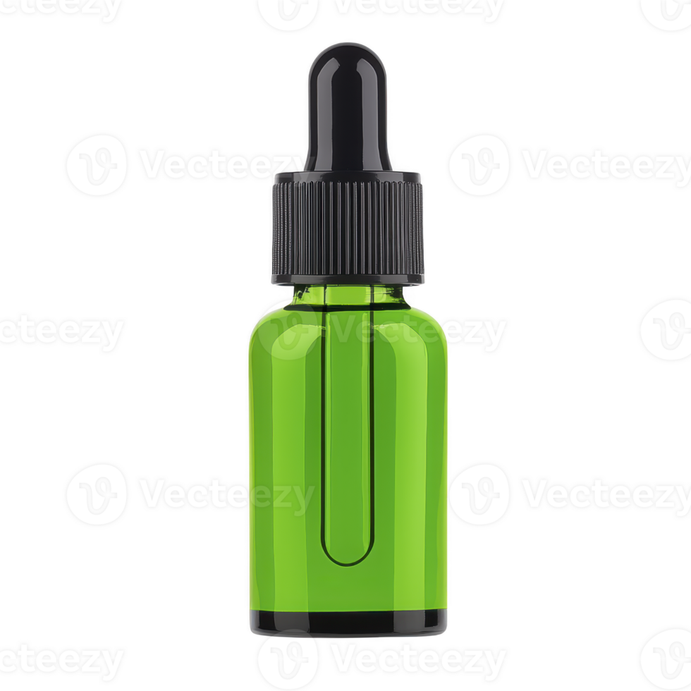 A green glass dropper bottle with black cap, ideal for essential oils or serums, isolated on transparency background. sleek design and vibrant color make it visually appealing png