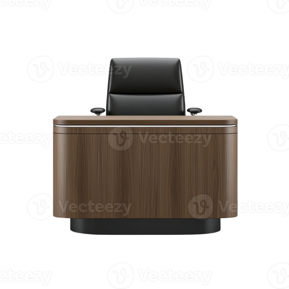 A sleek, modern office desk with wooden finish and black leather chair, perfect for professional workspace. design is minimalist, emphasizing functionality and style png