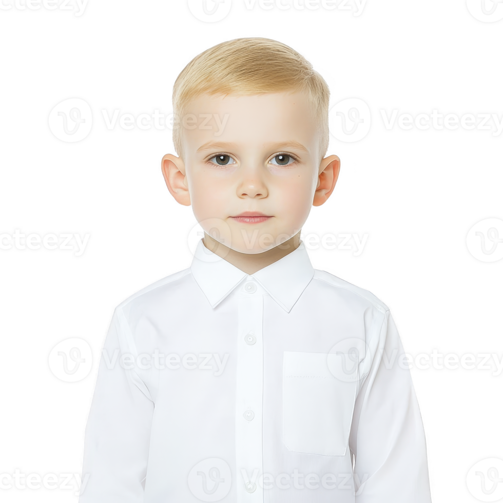 A young boy with blonde hair wearing white shirt stands against plain background, looking directly at camera with calm expression png