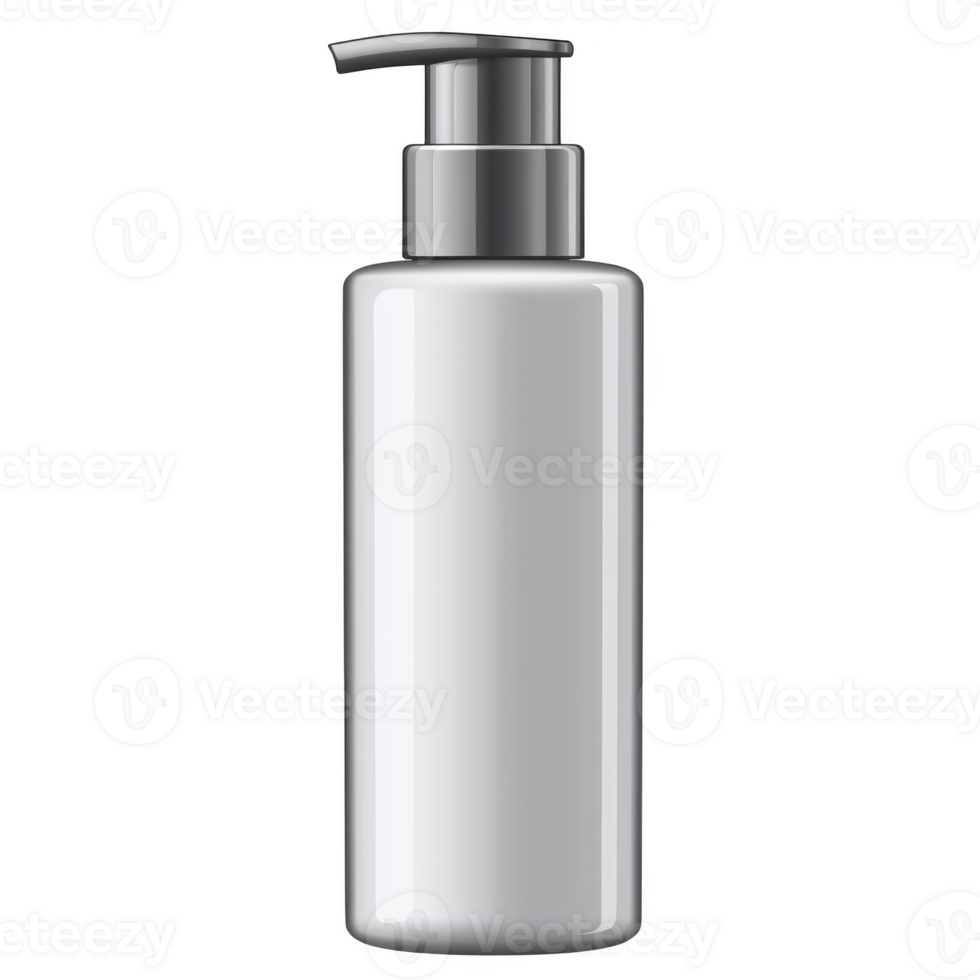 A sleek white pump bottle with metallic dispenser, ideal for cosmetics or skincare products, stands against plain background, emphasizing its minimalist design png