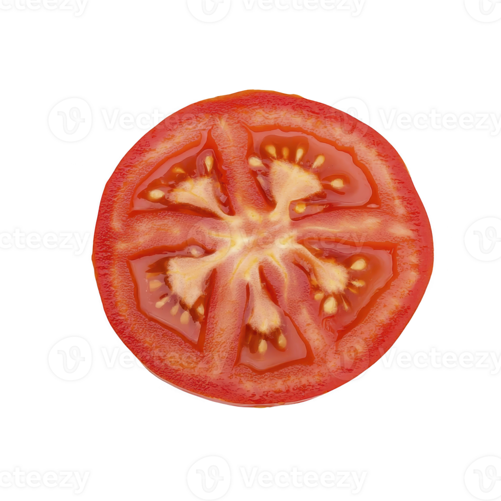 A vibrant slice of fresh tomato with visible seeds and juicy texture, showcasing its natural red color and intricate interior pattern png