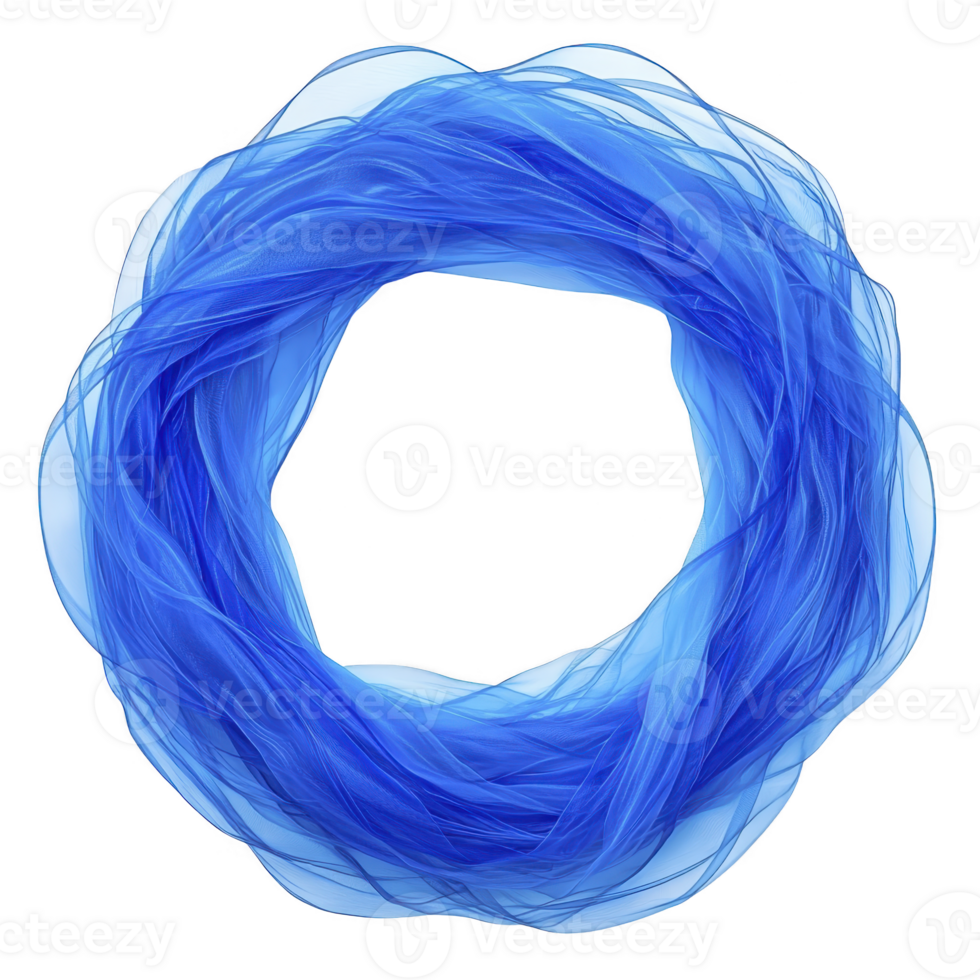 A circular arrangement of translucent blue fabric creates delicate and airy appearance, resembling wreath or halo. soft, flowing texture and vibrant color evoke sense of calm and creativity png