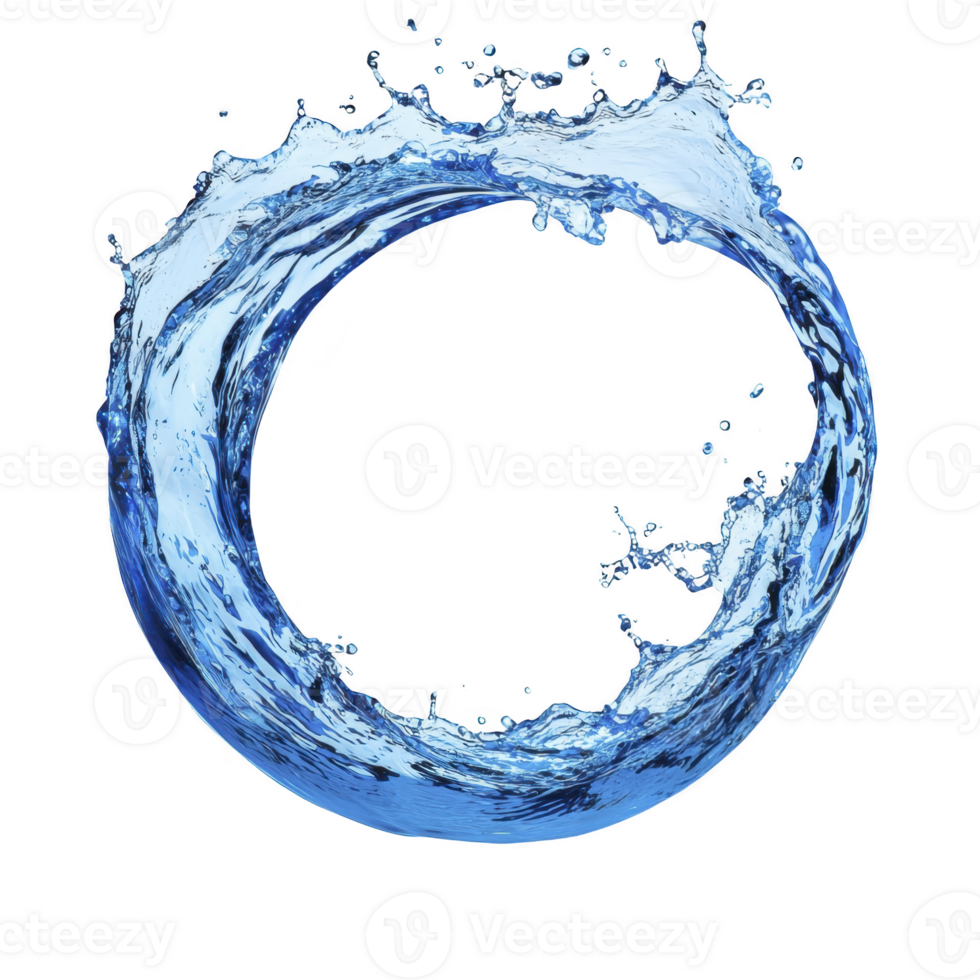 A dynamic splash of water forms circular shape against transparency background, capturing motion and fluidity. vibrant blue tones highlight freshness and purity of water png