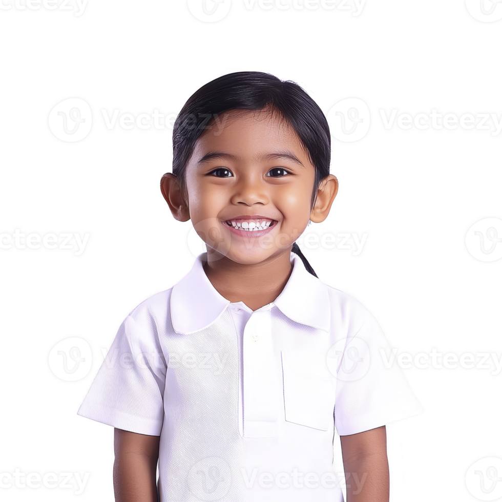 A young child with bright smile wearing white shirt stands against plain background, exuding joy and innocence png