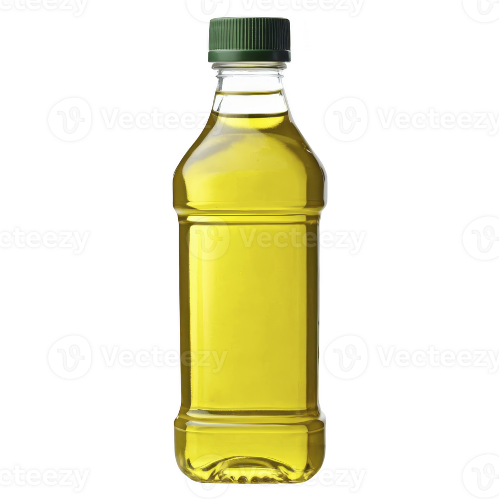 A clear plastic bottle filled with golden yellow oil and green cap, isolated transparency background. bottle is transparent, showcasing rich color of oil inside, and is suitable for cooking or png