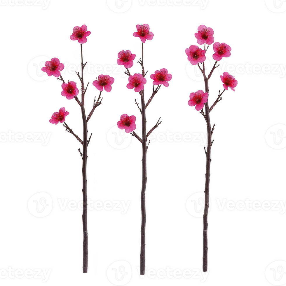 A Three vibrant pink cherry blossom branches are arranged against plain background, showcasing their delicate petals and slender brown stems. blossoms evoke sense of spring and renewal png