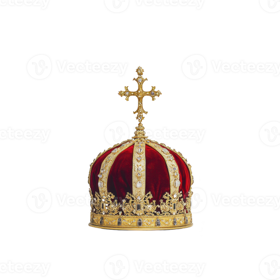 A luxurious gold and red crown adorned with intricate jewels and cross on top, symbolizing royalty and power. ornate design reflects historical elegance and regal authority png