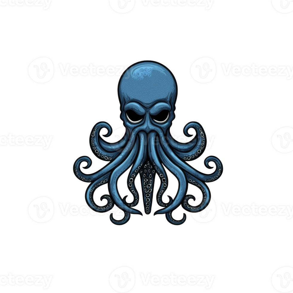 A stylized blue octopus with intricate tentacles and menacing expression, set against plain background, evokes sense of mystery and intrigue png
