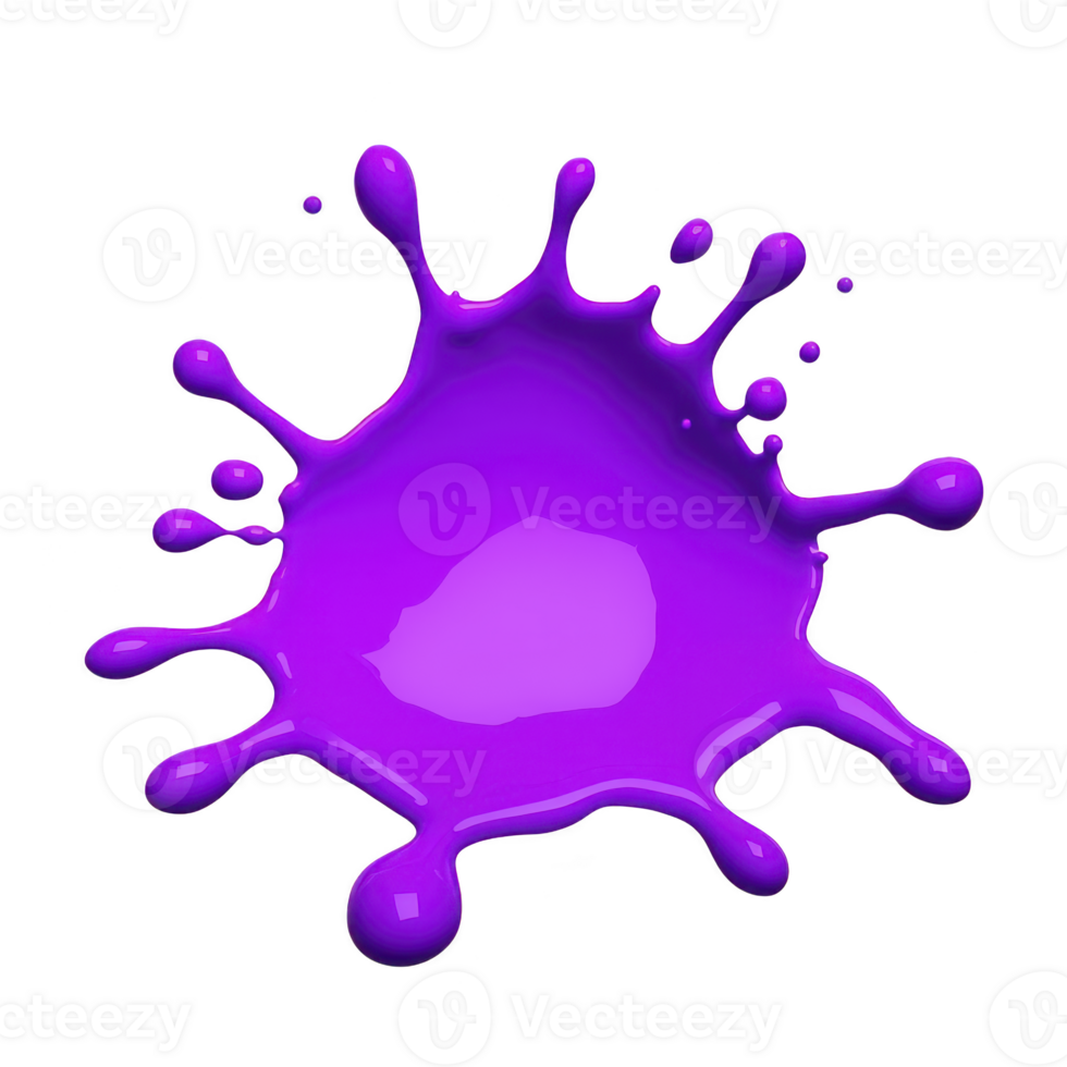A vibrant splash of purple paint with dynamic droplets radiating outward, creating energetic and artistic effect. glossy texture and vivid color make it visually striking png