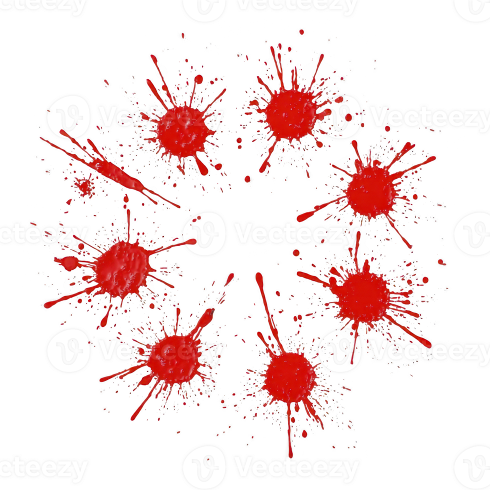 A circular arrangement of red paint splatters creates dynamic and artistic pattern on transparency background, evoking sense of creativity and energy png