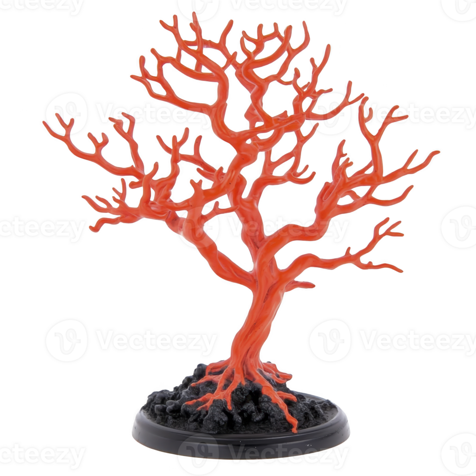 A vibrant red coral sculpture stands on black base, showcasing intricate branching patterns and striking contrast. artwork captures essence of marine beauty and artistic craftsmanship png