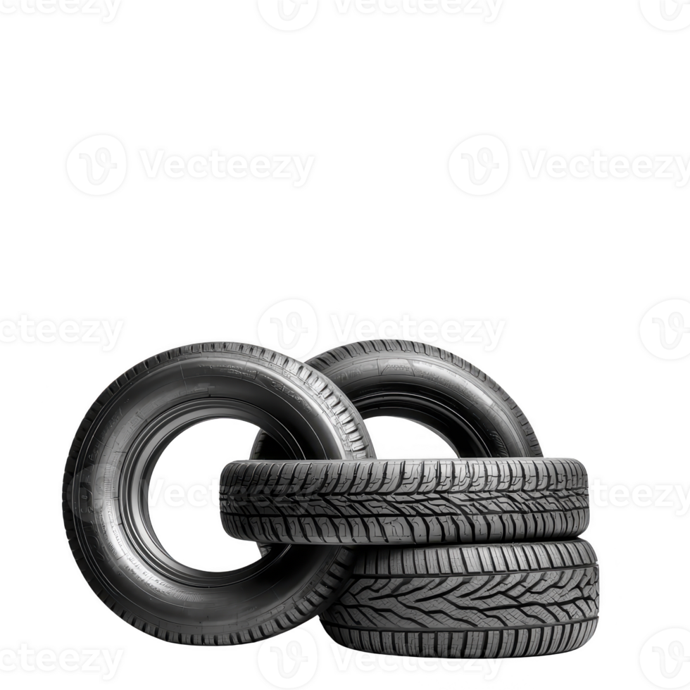 A Three black car tires are stacked and arranged transparency background, showcasing their tread patterns and sidewalls. image highlights durability and design of tires, suitable for various png