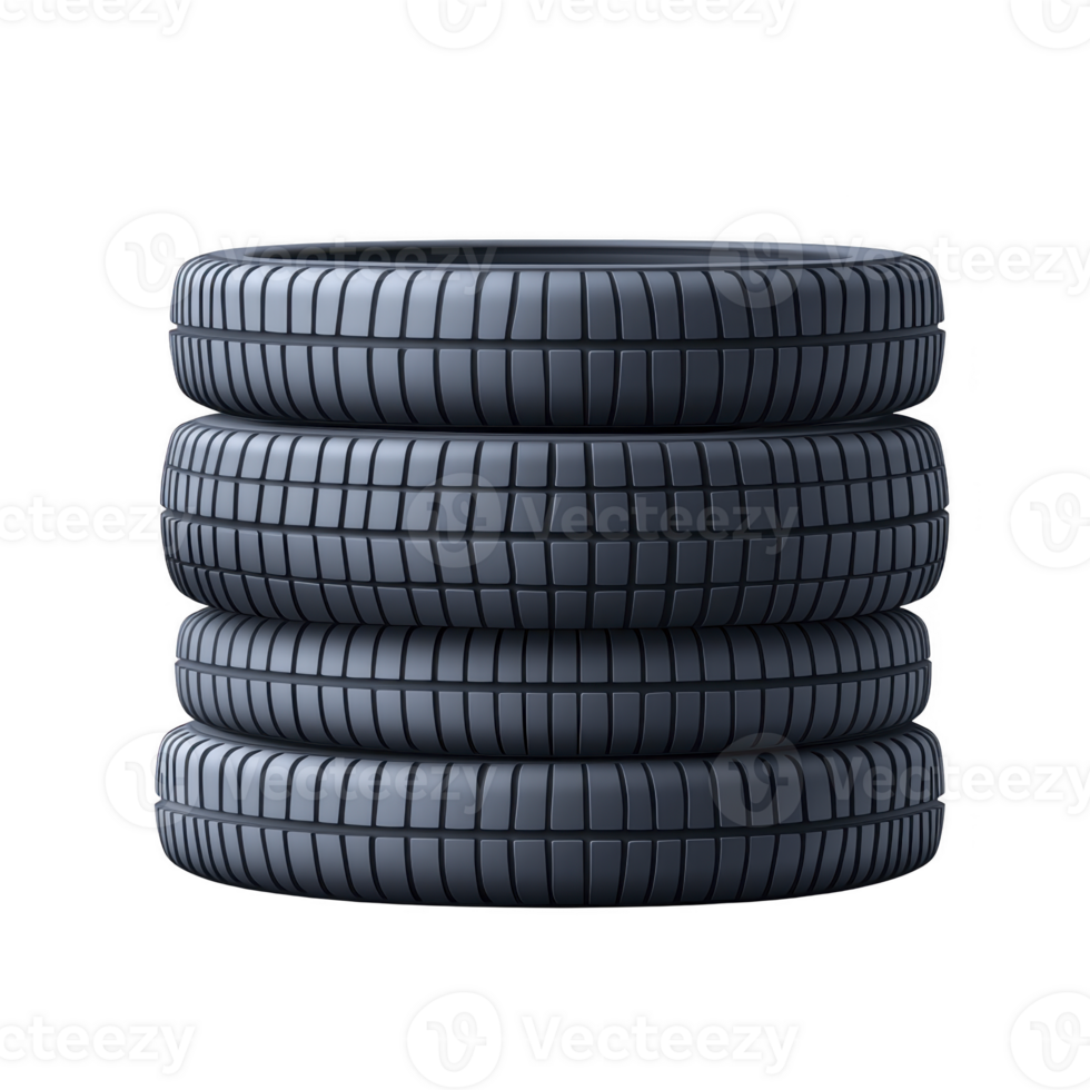 A Four stacked car tires with black rubber texture, showcasing detailed tread pattern, isolated transparency background. image highlights durability and design of automotive tires, suitable for png