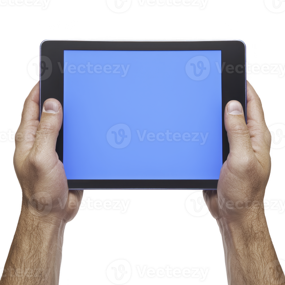 A Two hands holding tablet with blank blue screen, isolated on transparency background. image focuses on device, suggesting technology and digital communication png