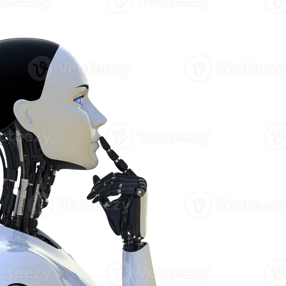 A humanoid robot with thoughtful expression, featuring sleek design and visible mechanical components, is depicted against plain background png