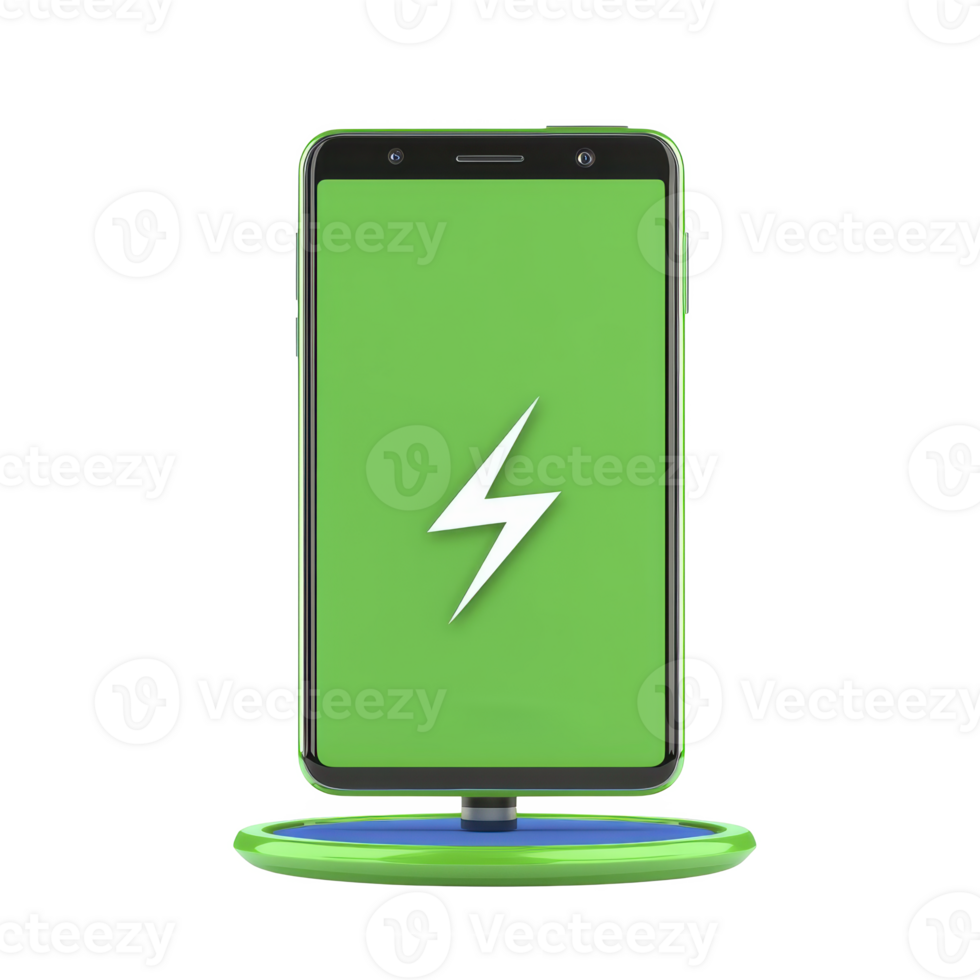 A smartphone with green screen displaying white lightning bolt icon, indicating wireless charging on charging pad png